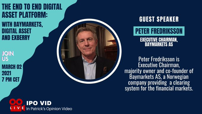 Baymarkets's tweet photo. Peter Fredriksson, Executive Chairman at Baymarkets is delighted to be a guest speaker on the next IPO-VID LiveStream with Patrick L Young! @FrontierFinance 

Tune in tomorrow at 7pm CET 👇

#ipovid #exchangeinvest #livestream #economy https://t.co/9BFSDCMPh0