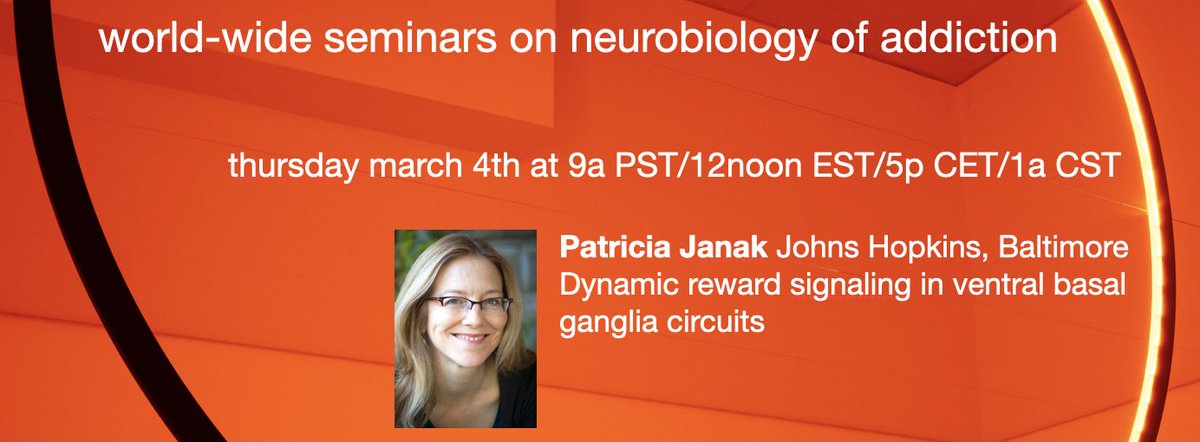 Christian Lüscher (@luscherc) on Twitter photo This Thursday 5pm Geneva time (noon Eastern) we will inaugurate the world wide seminars on neurobiology of addiction with a talk by <a href="/triciajanak/">patricia janak</a>
Sign up at: world-wide.org/Neuro/Neurobio… This Thursday 5pm Geneva time (noon Eastern) we will inaugurate the world wide seminars on neurobiology of addiction with a talk by <a href="/triciajanak/">patricia janak</a>
Sign up at: world-wide.org/Neuro/Neurobio…
