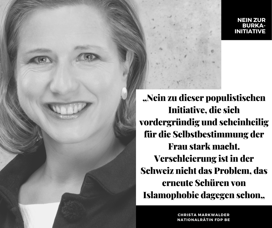 Verschleierung ist in der Schweiz nicht das Problem, das erneute Schüren von Islamophobie dagegen schon! ❌ <a href="/ChristaMarkwald/">Christa Markwalder</a>
❌ Stimme deshalb #Nein zum Verhüllungsverbot!