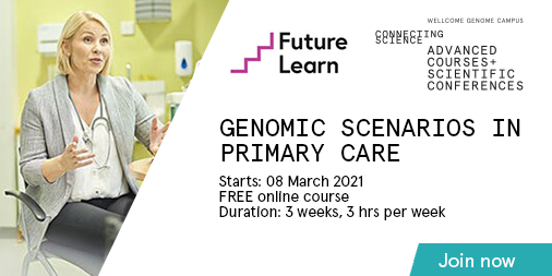 Wellcome Connecting Science Learning and Training (@eventswcs) on Twitter photo Our #FLPrimaryCareGenomics FREE <a href="/FutureLearn/">FutureLearn</a> course starts in 1 week!
➡️Study with practising #GPs who will share their expertise in #genomics
➡️Explore real-world examples that could appear in practice
⏰Enrol before 08 March ➡️bit.ly/2LUmch0
#GenomicsConversation Our #FLPrimaryCareGenomics FREE <a href="/FutureLearn/">FutureLearn</a> course starts in 1 week!
➡️Study with practising #GPs who will share their expertise in #genomics
➡️Explore real-world examples that could appear in practice
⏰Enrol before 08 March ➡️bit.ly/2LUmch0
#GenomicsConversation