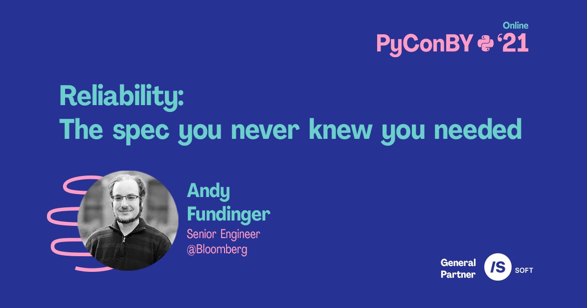 PyConBY 2021 (March 13) Online Conference (@pyconby) on Twitter photo Many systems we build fail to account for performance, error rates, data correctness, or other customer reliability needs. The talk by <a href="/andriod/">Andy Fundinger</a> discusses the basics of service level objectives by comparing them to ordinary functional specifications. ๐ by.pycon.org Many systems we build fail to account for performance, error rates, data correctness, or other customer reliability needs. The talk by <a href="/andriod/">Andy Fundinger</a> discusses the basics of service level objectives by comparing them to ordinary functional specifications. ๐ by.pycon.org