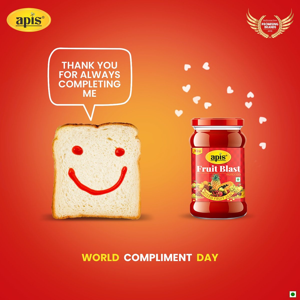 apis_india's tweet image. Today is the day when we can give free compliments to bring smile to each and everyone’s face.
Celebrate this #WorldComplimentDay and share with us the favourite food item that compliments your meals the best.

.
.
#worldcomplimentday #breadandjam  #apisjam #ComplimentDay