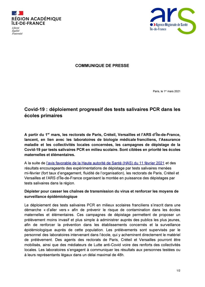 Academie_Paris's tweet image. Covid-19 : déploiement progressif des tests salivaires PCR dans les écoles primaires