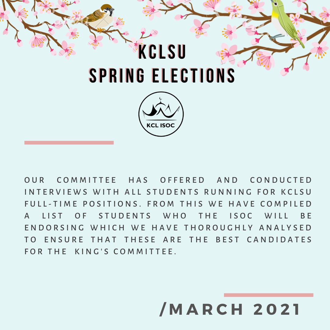 Assalaamualaykoum everyone!

Voting opens at 10am today. Your Islamic Society is endorsing these candidates. All those running for full time KCLSU positions have been interviewed, and we believe that these are the best candidates for King's.

Please ensure you cast your vote!