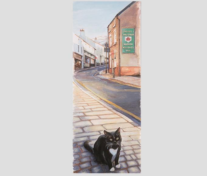 Happy #StDavidsDay, Croeso i Rhuthun, a #painting I did some time ago- a #cat on deserted road early one morning when peace and quiet was something lovely. Beautiful #Wales 🏴󠁧󠁢󠁷󠁬󠁳󠁿🐾🌾