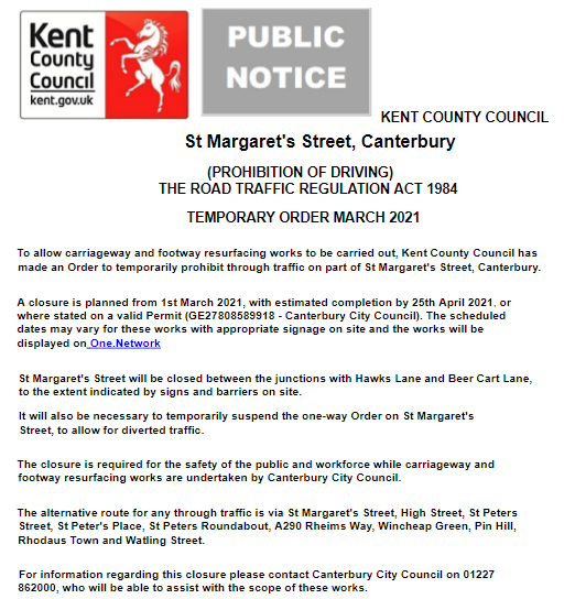 CanterburyBID's tweet image. New paving scheme in St Margaret's Street 1st March for 8 weeks repaving the footways &amp;amp; carriageway in york stone &amp;amp; granite setts (Hawks Lane =&amp;gt;Watling Street). Forms part of the work in preparation for the arrival of the Hilton Hotel @slatters_dev. 
kentonline.co.uk/canterbury/new…