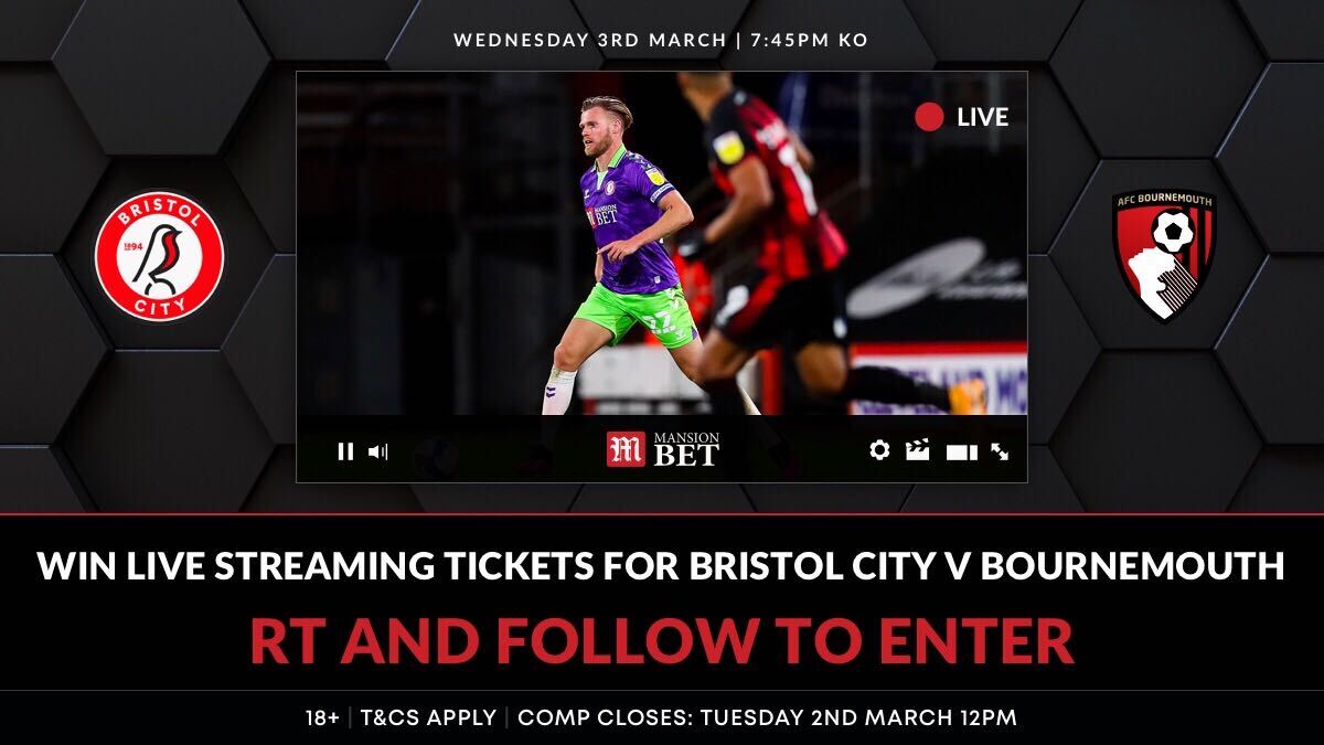 📺 WIN LIVE STREAM TICKETS FOR BRISTOL CITY VS BOURNEMOUTH ON WEDNESDAY! Simply follow @MansionBet and RT this tweet to be in with a chance of winning! ✅ 10x winners announced on Tuesday! 👥 #BristolCity | @BristolCity 18+ | Full T&Cs apply: bit.ly/MBComps