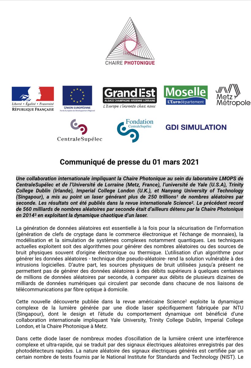 <a href="/chairphotonics/">Chaire Photonique</a> <a href="/centralesupelec/">CentraleSupélec</a>  publie dans <a href="/ScienceMagazine/">Science Magazine</a> sur la réalisation de la source physique d’aléatoire la plus rapide à ce jour. #photonique @MairiedeMetz <a href="/MetzMetropole/">RL-57</a> <a href="/regiongrandest/">Région Grand Est</a> <a href="/MoselleCD57/">Département Moselle</a> <a href="/sup_recherche/">Ministère Enseignement supérieur et Recherche</a> <a href="/acnancymetz/">Académie de Nancy-Metz</a> <a href="/HuartJean/">Jean-Marc Huart</a>