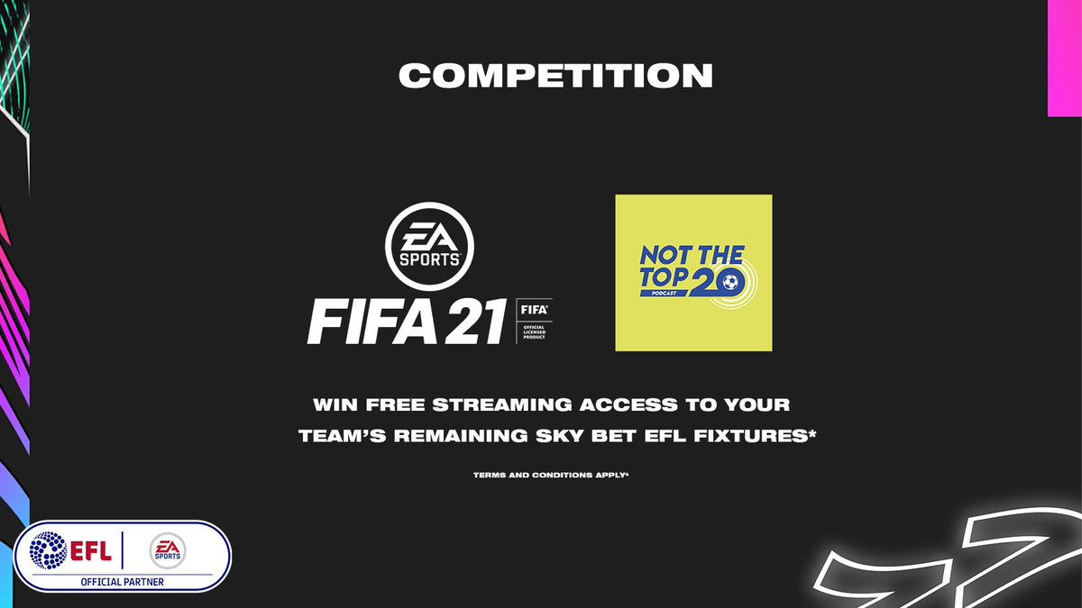 NTT20Pod's tweet image. 🚨GIVEAWAY🚨

Win free streaming access to your club's remaining Sky Bet EFL fixtures, thanks to @EASPORTSFIFA &amp;amp; @EFL!

RT this tweet &amp;amp; follow @NTT20Pod to enter.

We'll pick a winner each day Mon-Sat.

6 other entrants will win a #FIFA21 game code!

T&amp;amp;Cs: ea.com/en-gb/games/fi…