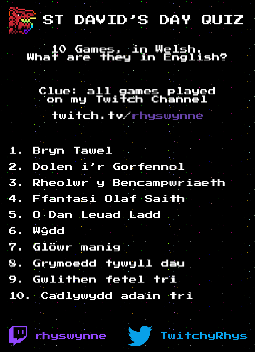 TwitchyRhys's tweet photo. 🏴󠁧󠁢󠁷󠁬󠁳󠁿 Dydd Gŵyl Dewi Hapus! / Happy St David's Day! 🏴󠁧󠁢󠁷󠁬󠁳󠁿

Here are 10 games I've played on stream Google translated (sorry) into Welsh. Can you guess what they are? 1 guess each!

One game is what I'm starting from tomorrow at 9pm!

#DyddGŵylDewiHapus #stdavidsday #happystdavidsday https://t.co/78RPbSTKlC
