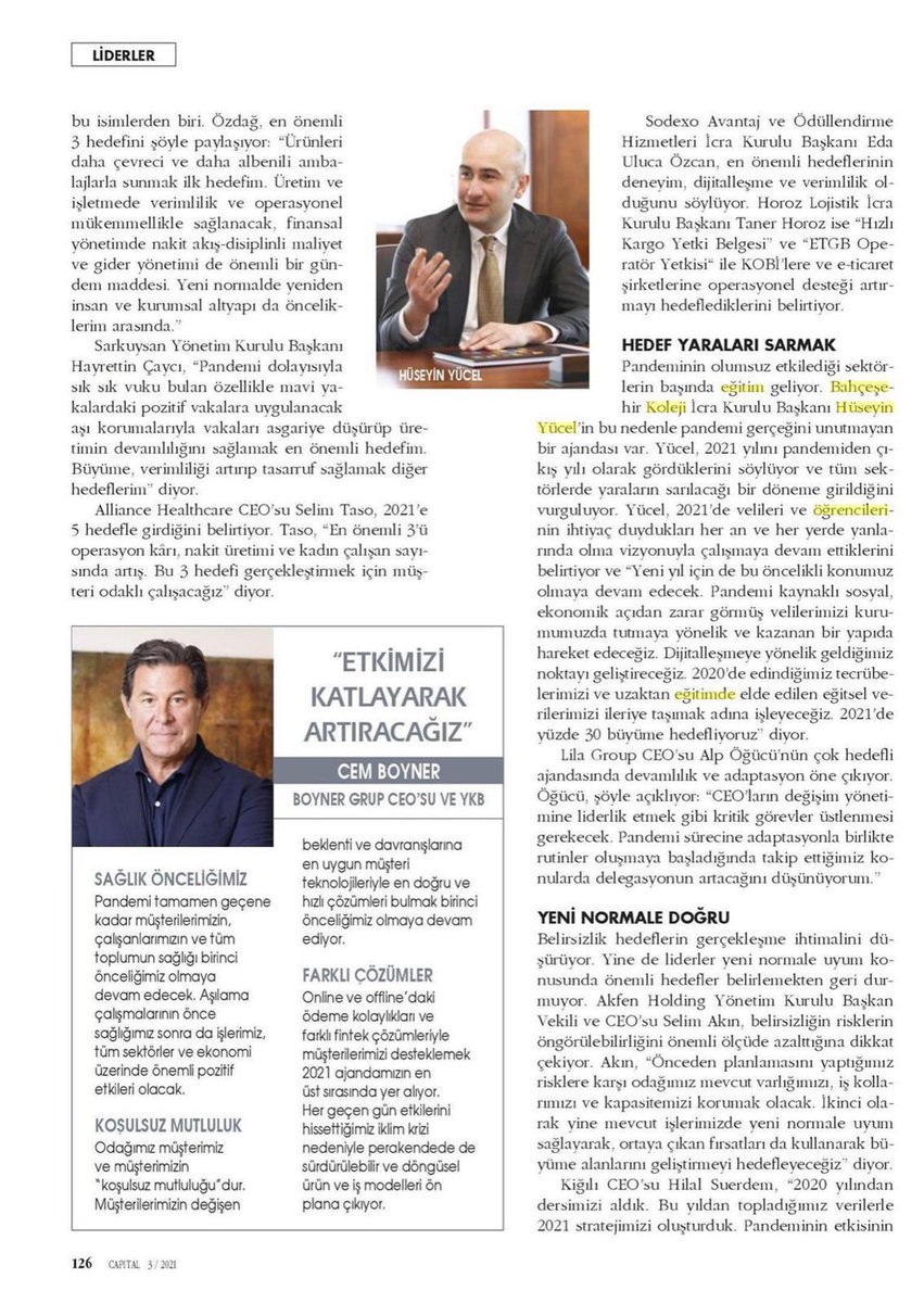 bahcesehir_k12's tweet photo. İcra Kurulu Başkanı’mız Hüseyin Yücel, Capital dergisi Mart sayısına 2021 hedeflerini açıkladı. https://t.co/fxsGQHvqZz