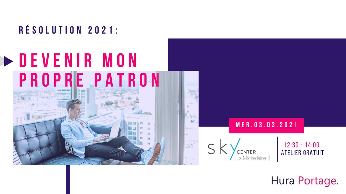 RAPPEL : En 2021, devenez votre propre patron ! 💼
Venez découvrir les avantages de l’entreprenariat grâce à l'atelier animé par #HuraPortage au #SkyCenter. Rendez-vous le 03/03 de 12h30. 
Il reste encore quelques places, pour vous inscrire : c.colpin@wtcmp.com