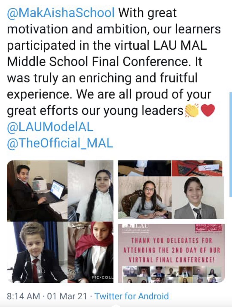 <a href="/MakAishaSchool/">MakAishaSchool</a>                      وما نيل المطالب بالتّمني ...ولكن تؤخذ الدُّنيا غلابا .... هنيئًا لمتعلّمينا المقاصديّين نجاحهم في خوض تجربة هادفة... ومبارك لمدرسة عائشة أمّ المؤمنين في صيدا الفوز في المؤتمر الخامس لجامعة الدّول العربيّة