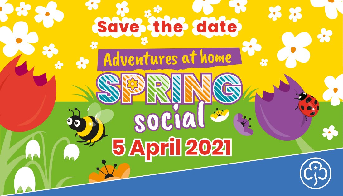 Girlguiding's tweet photo. 📅 Save the date! 📅
On Monday 5 April we're hosting the #AdventuresAtHome Spring social! 🌷🌼
Join our virtual event from 4-5pm for an exciting mix of adventurous, wellbeing and creative activities.
Register your interest to hear our line up first 👉 https://t.co/2H7T8DTou5 https://t.co/8nYDBceL4R