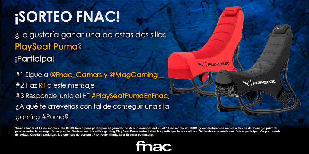¿No has tenido suerte? ¡No te preocupes! Te damos una nueva oportunidad con otras dos sillas #PlaySeatPuma🔥

✅Sigue a <a href="/Fnac_Gamers/">Fnac Gamers</a> y @MagGaming__
✅Haz RT a este mensaje
✅Responde junto al HT #PlaySeatPumaEnFnac, ¿A qué te atreverías con tal de conseguir una silla #Puma?