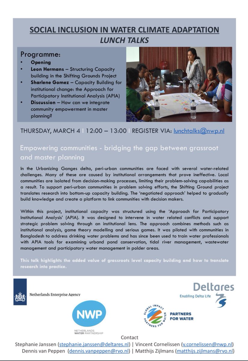 sharlene_gomes's tweet photo. The next “Social inclusion in #water #climate #adaptation” lunch talk hosted by @nwpnederland @deltares @RVO_Int_Ond is on March 4 at 12pm. @leonhermans1 and I will speak about empowering communities - bridging the gap between grassroot
and master planning. https://t.co/AKjtwHNEGW