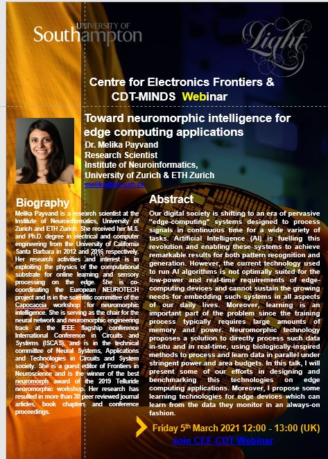 CElFrontiers's tweet photo. π’ Very much looking forward to the @CElFrontiers and @CdtMinds #CEFSeminar on Friday with Dr Melika Payvand #WomeninSTEM
"Toward neuromorphic intelligence for edge computing applications"
Link below
πππ
https://t.co/blFdCzl0MM https://t.co/tDOOFMB8mD