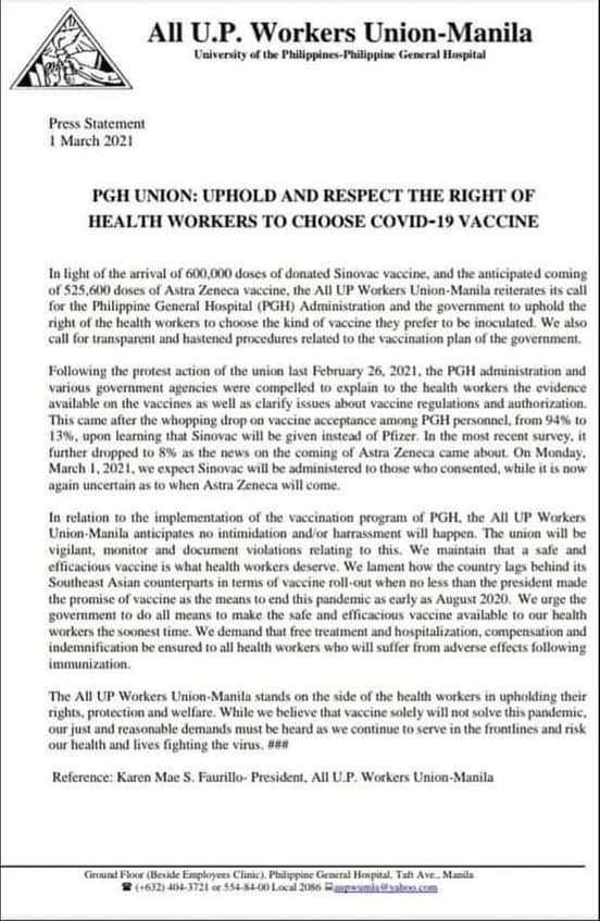 PGH UNION: UPHOLD AND RESPECT THE RIGHT OF HEALTH WORKERS TO CHOOSE COVID-19 VACCINE!

Click below to read the All UP Workers Union Manila's complete statement!

#BantayBakuna #SafeAndEffectiveVaccinesForAll
#StandWithHCWs