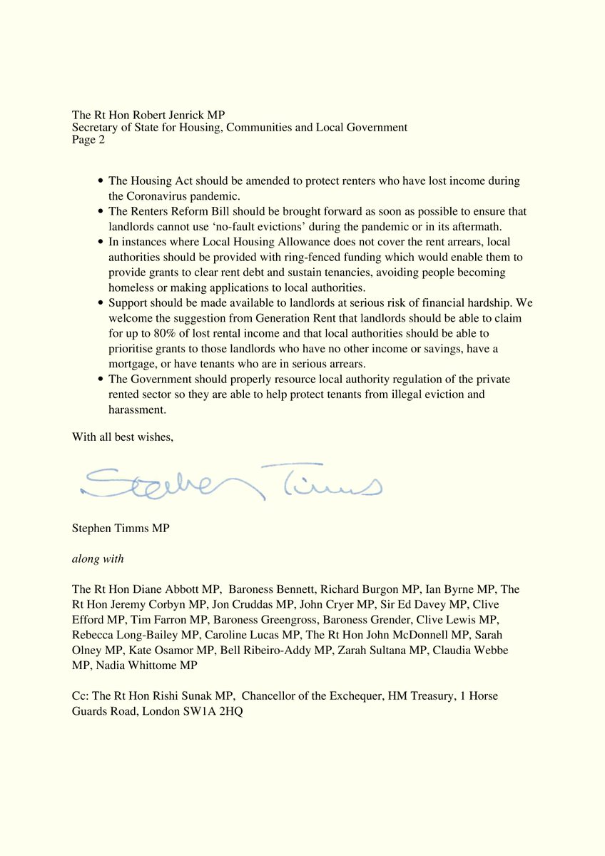 1 in 3 private renters have lost income due to the pandemic and over half a million people are now in rent arrears. I've signed <a href="/stephenctimms/">Sir Stephen Timms</a> letter urging govt to address the growing rent arrears crisis. No one should face losing their home due to Covid. #NoEvictions