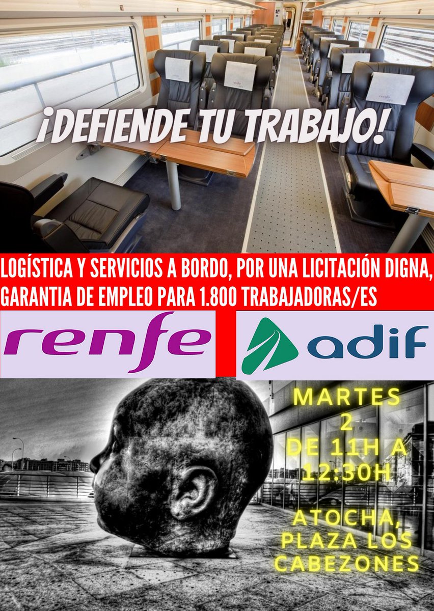 _Cien_Fuegos's tweet photo. #Ábalos, Ante la licitación suicida de @Renfe para los serv. a bordo de los trenes, quedando esta desierta y, ante la incertidumbre laboral de 1800 familias
Volvemos a la calle a exigir la reanudación de estos servicios y una garantía de empleo futura
#tripulantesenerte https://t.co/qSiQzNQad3