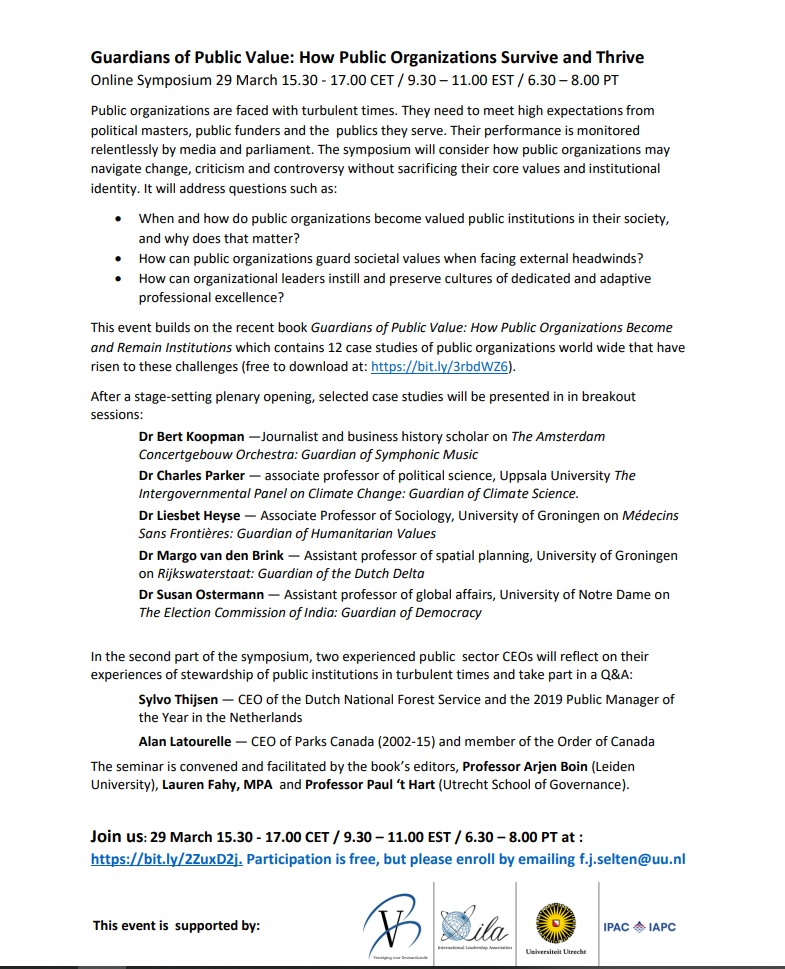How can public organizations survive and thrive in turbulent times? This is the topic of our upcoming online symposium (29 March). Join us for an afternoon of informative, case-study based discussions with academic and practitioner experts: bit.ly/2ZuxD2j. <a href="/UUUSBO/">USBO</a>