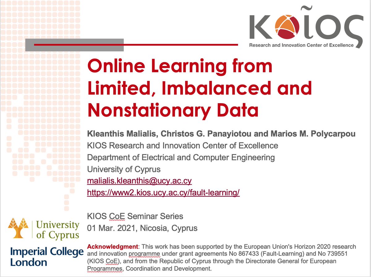 FaultLearning's tweet photo. We presented today our work on online machine learning to the KIOS Research and Innovation Center of Excellence (@KIOSCoE), part of its Seminar Series. #AI #MachineLearning #MSCA https://t.co/p5I9ydZXBR
