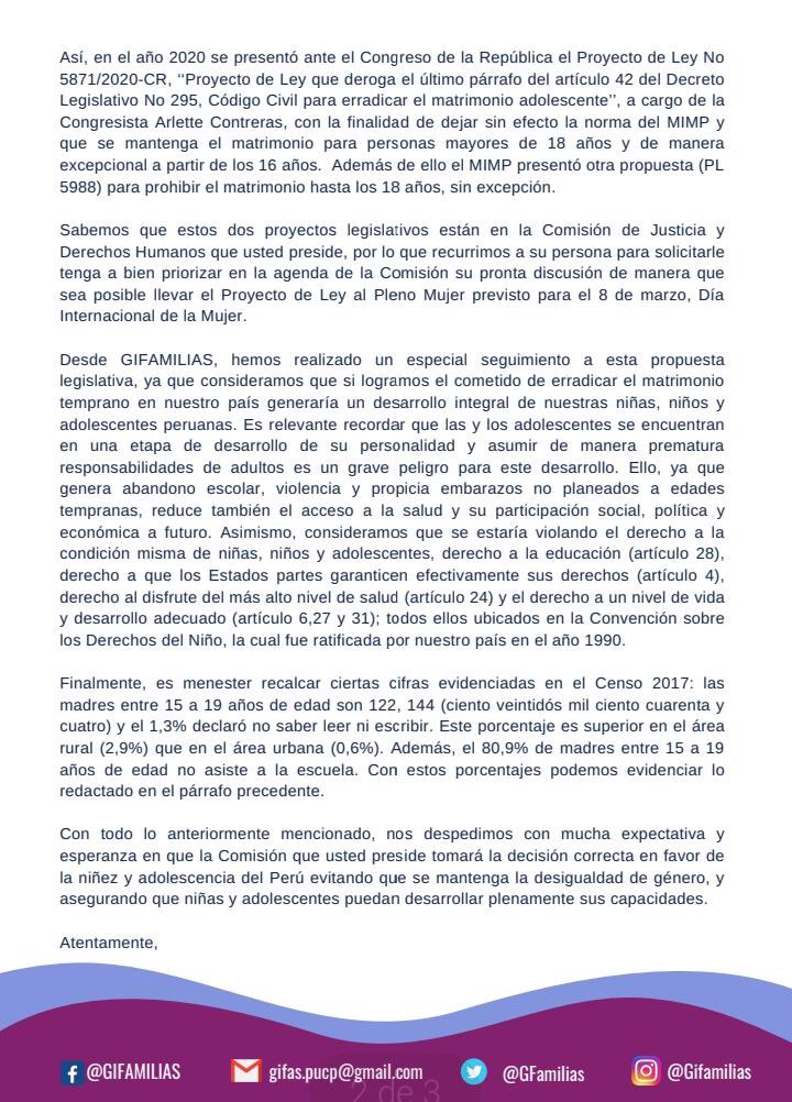 GIFAMILIAS's tweet photo. GIFAMILIAS ha realizado el envío de una carta petitoria a la Comisión de Justicia y Derechos Humanos para que el Proyecto de Ley No 5871 (erradicación del matrimonio adolescente) sea incluido en el #PlenoMujer este lunes 8 de marzo
#AdolescenciaLibreDeMatrimonio https://t.co/JO4lfl3eOR