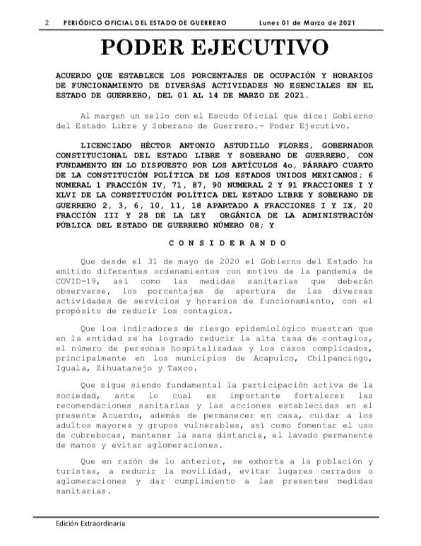 HectorAstudillo's tweet photo. Han sido publicadas en el Periódico Oficial del @Gob_Guerrero las nuevas disposiciones por el #SemáforoAmarillo, estos aforos y medidas estarán vigentes del 1 al 14 de marzo. Seguimos insistiendo a la población a reforzar los cuidados contra el COVID19. https://t.co/ZzbjpP8lYt https://t.co/DWGzjch7Bf