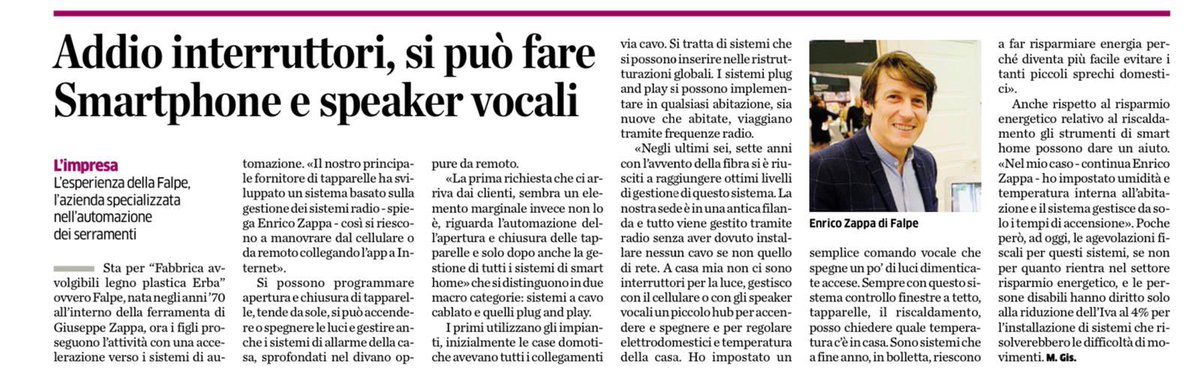 FalpeErba's tweet photo. La casa di oggi è una Casa Smart, ne abbiamo parlato su La Provincia di Como come esperti del settore leggi l’articolo. #casafalpe #sceglifalpe https://t.co/6cnFczrpYN