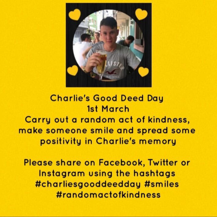 joolstom's tweet photo. You still have time to Carry out A Random Act of Kindness, Make someone's day, Make them smile and share some Happiness and Positivity in Charlie's memory 💛
#CharliesGoodDeedDay 💛 #randomActofKindness 💛 #CharliesCode 💛 #MakeCharlieTheLast 💛💛💛💛💛💛 https://t.co/fQf49Q34FE