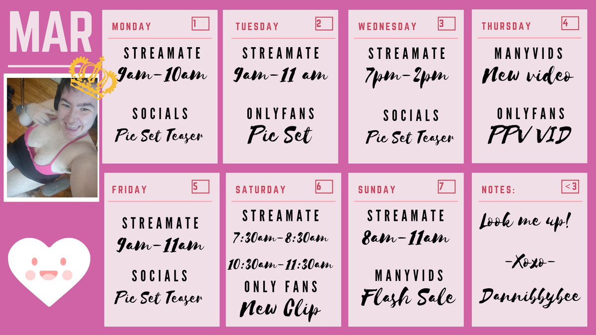 Dannibbybee's tweet photo. This week's schedule!  Gonna get a reddit and insta going and be posting here more!  Highlights this week: new onlyfans, cam time, videos, and pic sets! https://t.co/jORsx1iUTM