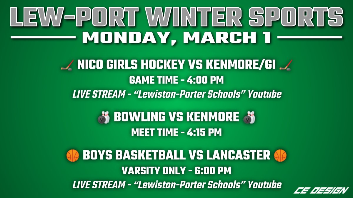 MONDAY EVENTS:

🏒 @NCGirlsFed VS <a href="/KenGIicehockey/">Kenmore/Grand Island Hockey</a> 
🎳 <a href="/LewPortBowling/">Lew-Port Bowling</a> VS <a href="/KenTonAthletics/">Ken-Ton Health, Physical Education, & Athletics</a> 
🏀 <a href="/LewPortBball/">Lew-Port  Basketball</a> VS <a href="/LancasterBBall/">Lancaster Basketball</a> 

Live Stream links in the thread below.

#GoGreen <a href="/LewPortLancers/">Lew-Port Athletics</a>