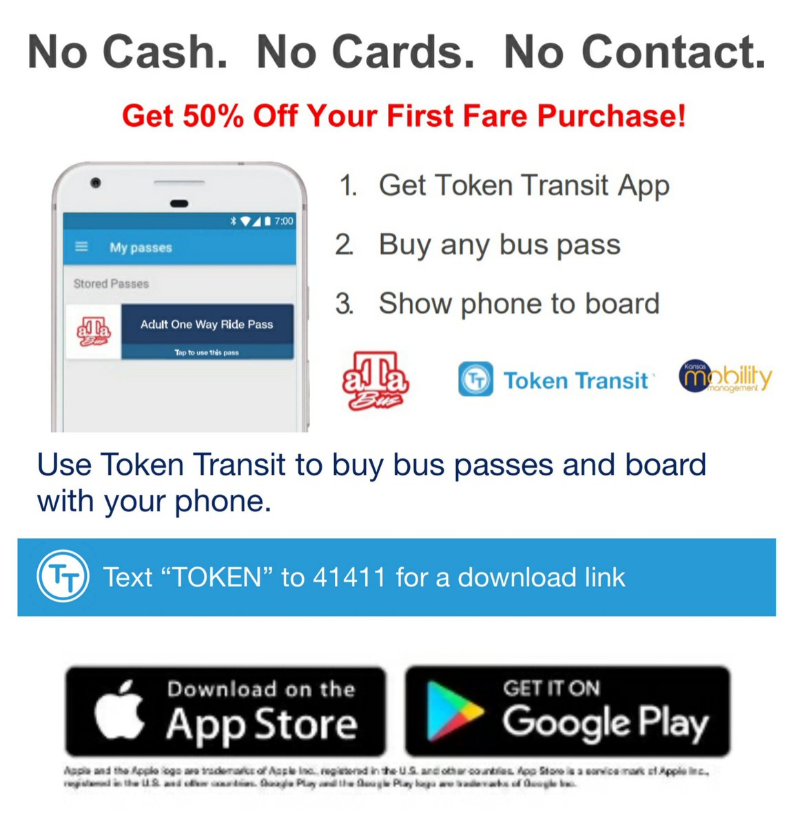 Starting today, ATA Bus is pleased to offer a mobile ticket app!

Download Token Transit today and get 50% off your first ticket purchase!

The app is NOT required &amp; ATA Bus will still sell and accept regular ticket passes.

Find out more here:
rileycountyks.gov/1919/Token-Tra…