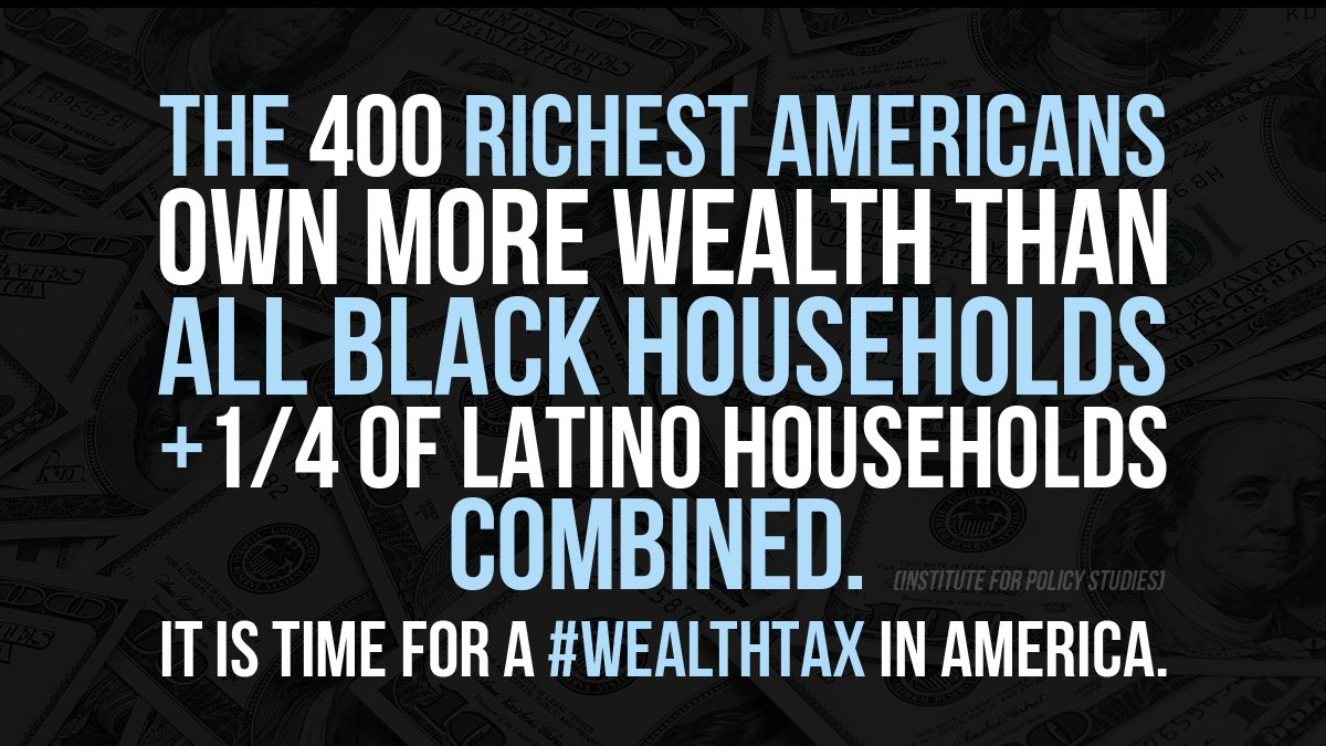 SenWarren's tweet image. The gap between the wealthiest and poorest Americans is wider than ever. And it’s bigger when you factor in race. It is time for a #WealthTax in America.