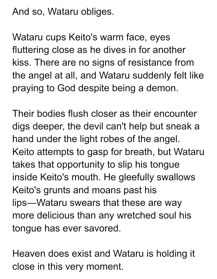  @wtke_ watakei with #9!!!! This was..........something. wow. another spicy one. This was the longest one I wrote for this thread yet  angel/demon au is always good