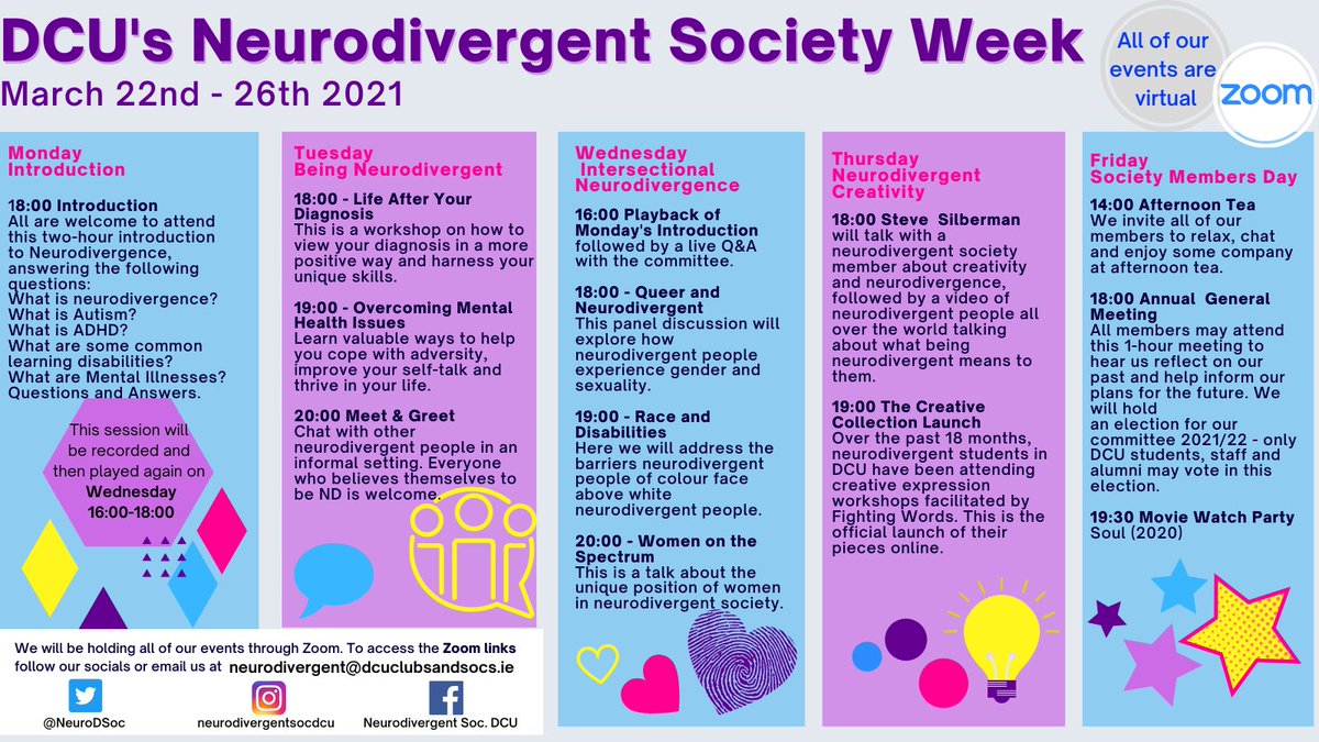 NeuroDSoc's tweet photo. Hope to see you all during our Neurodivergent week. It runs from March 22nd to March 26th 2021.  Links and more details of each day will be available sooner to the time. Hope everyone is keeping safe. https://t.co/37ZTwHLhHW