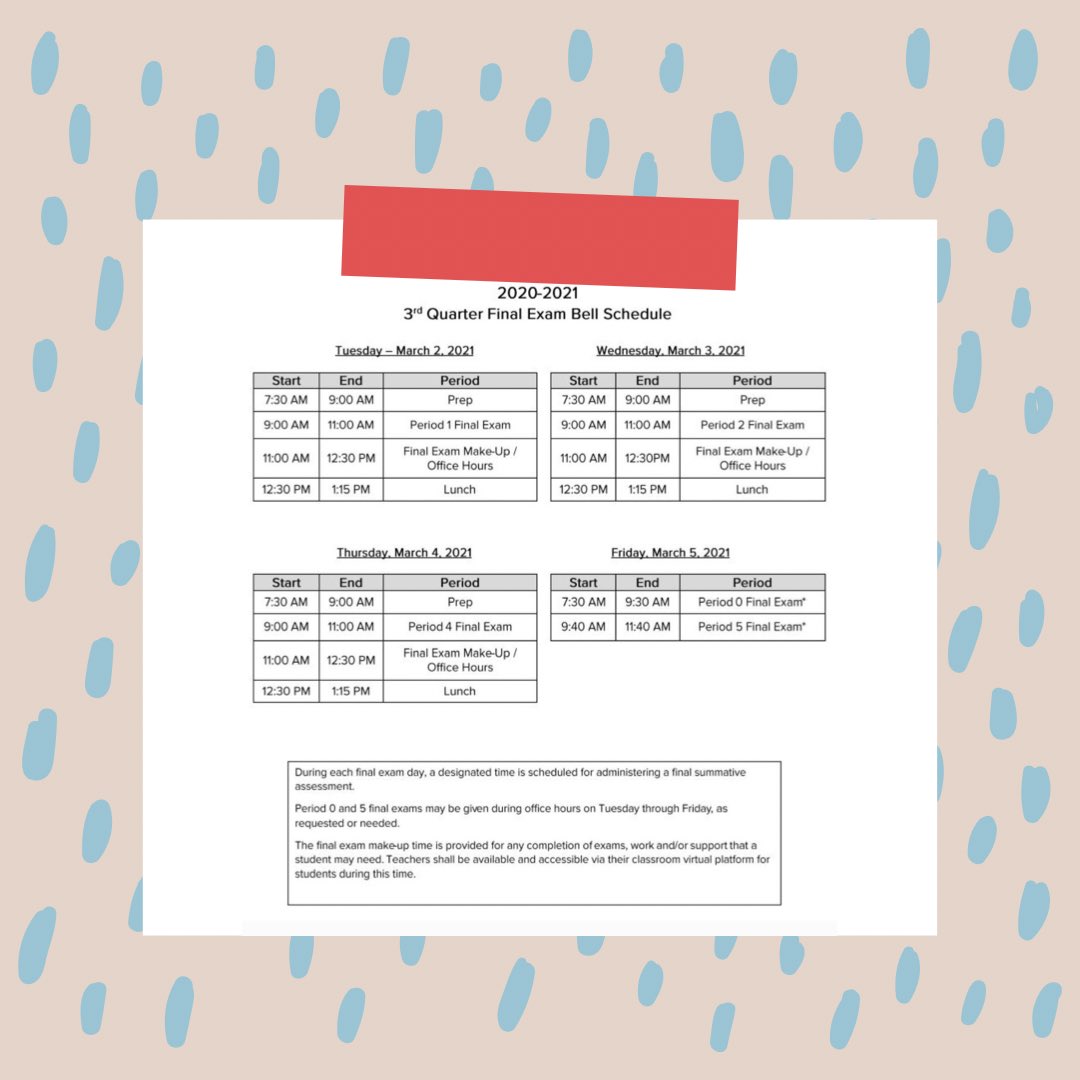 Happy March 1st Jaguars! Here is this weeks Final Exam Bell Schedule (Tuesday-Friday) 🐆 Make everyday count!! #jagsconnected