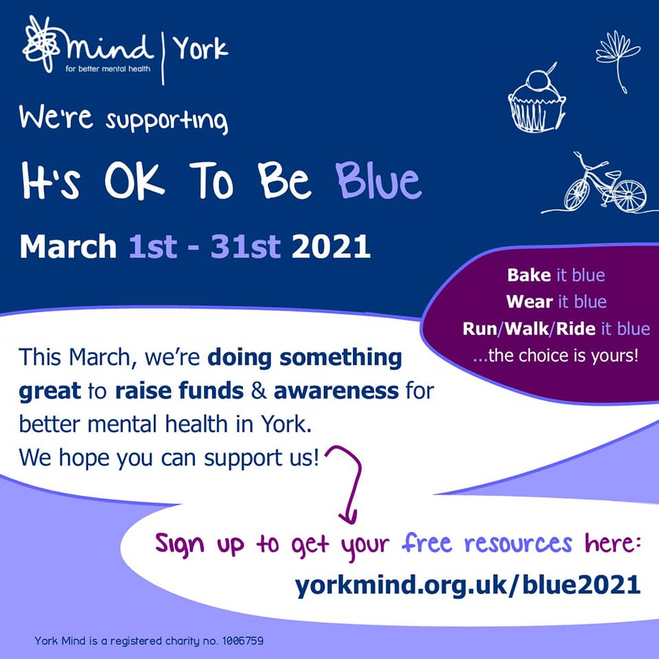 TheYorkMind's tweet photo. Afternoon all!
Today sees the start of the month of March, when we at York Mind turn our attention to all manner of things blue for #ItsOKToBeBlue month 💙
(1/4) https://t.co/5tesP5ZSrN