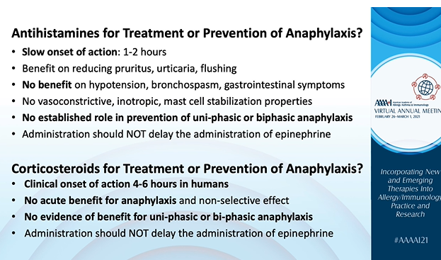 AllergyKidsDoc's tweet photo. Great summary presented at #AAAAI21 as to why antihistamines &amp; steroids do not treat anaphylaxis:

They take too long &amp; don't treat all the symptoms!

Epinephrine is the ONLY effective treatment of anaphylaxis.
Epinephrine works fast, treats all symptoms, and is very safe to use. https://t.co/MbRUCZVN1Y