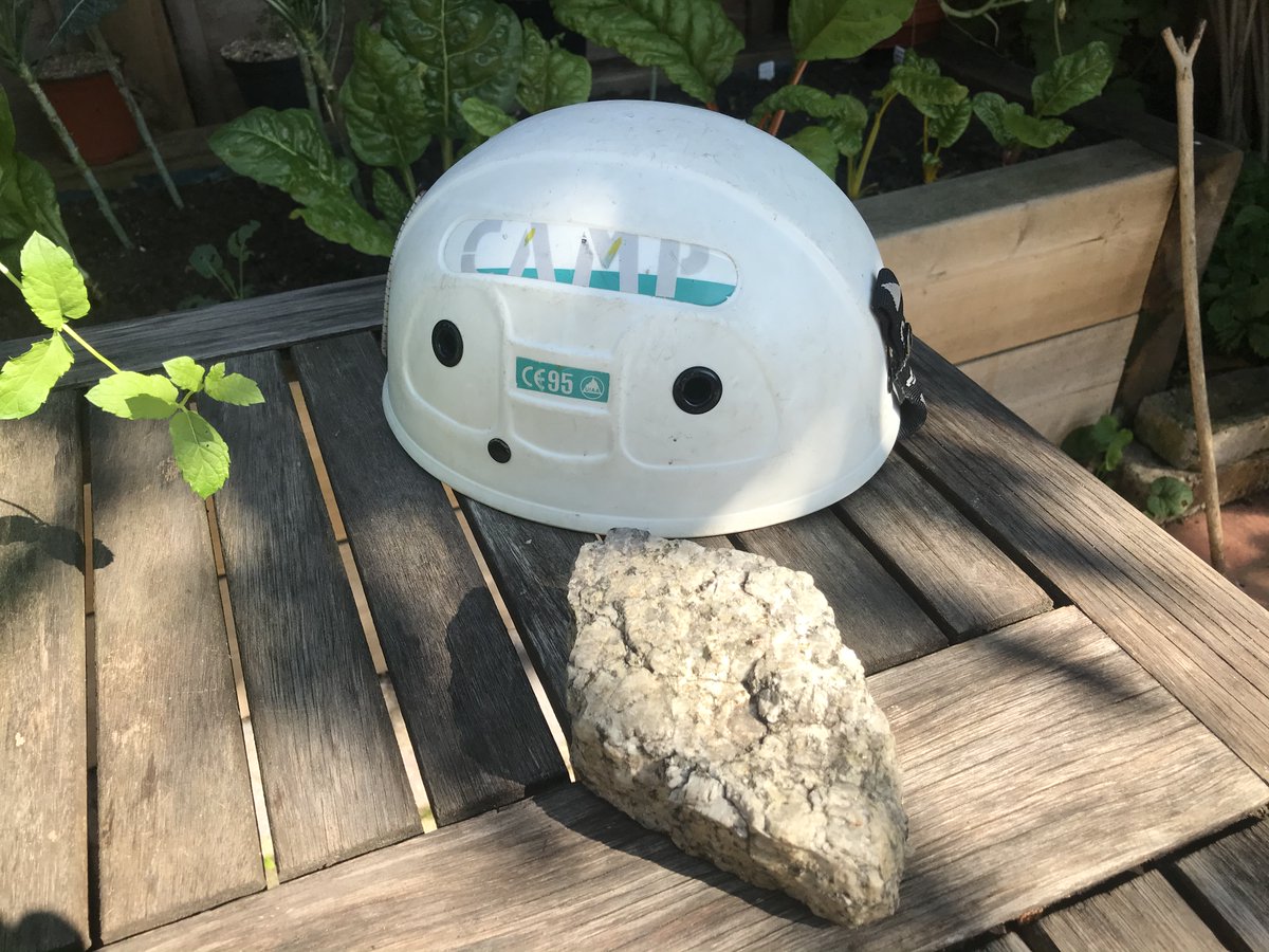 KragRags's tweet photo. I retired this #helmet after being hit by a #falling #rock (in pic twixt cradle &amp; shell) descending an #iceclimb on the #AiguilleduMidi Kept the rock for posterity (like #Baldric kept the bullet with his name on it). #Repurposed the lid - mint condition now #climb #safe #recycle https://t.co/MgGJtWBOAp