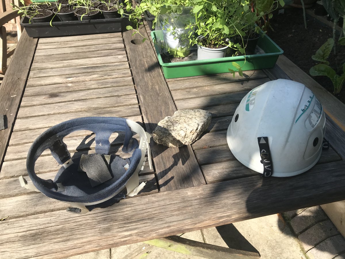 KragRags's tweet photo. I retired this #helmet after being hit by a #falling #rock (in pic twixt cradle &amp; shell) descending an #iceclimb on the #AiguilleduMidi Kept the rock for posterity (like #Baldric kept the bullet with his name on it). #Repurposed the lid - mint condition now #climb #safe #recycle https://t.co/MgGJtWBOAp