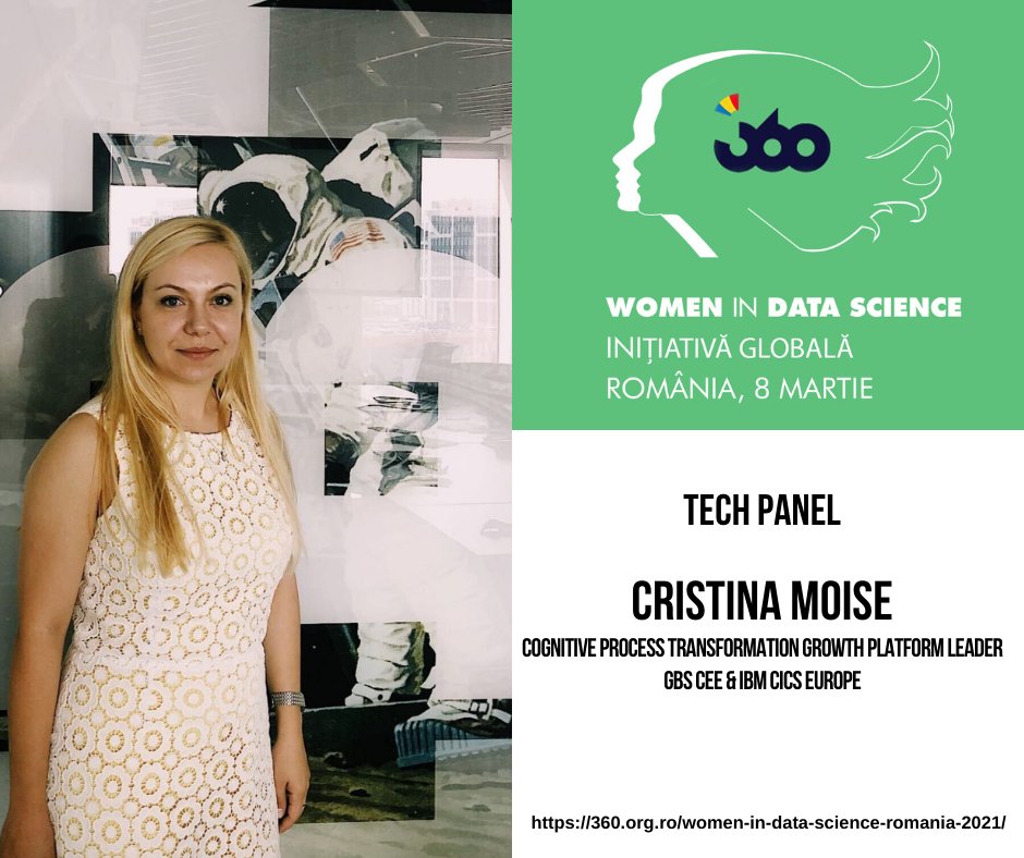 360orgro1's tweet photo. #WiDS2021 Tech Panel
Cristina este Cognitive Process Transformation Growth Leader pentru @IBM și un Data Architect cu peste 10 ani de experiență. Competențele sale în domeniul cognitiv se axează pe Applied #MachineLearning &amp; Computational Linguistics.
Reg: https://t.co/VpWv9bG9XL https://t.co/tBUxzrjNZf