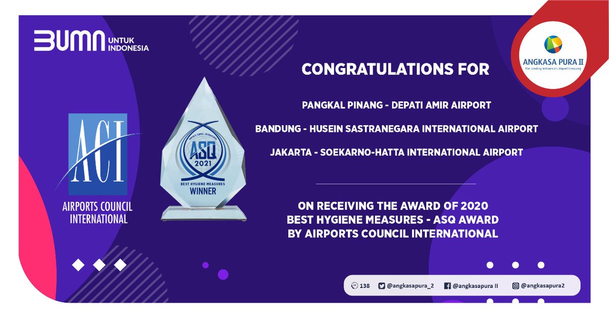 Angkasa Pura II would like to dedicate these achievements to all the Indonesian people and thank all the stakeholders for the support so that Angkasa Pura II can maintain national air connectivity.
#AngkasaPura2
#BUMNuntukIndonesia
@KemenBUMN 
<a href="/kemenhub151/">Kemenhub RI</a> 
@Kemenparekraf