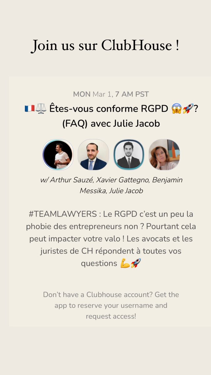 On se retrouve sur ClubHouse pour parler business et RGPD avec <a href="/ArthurSauze/">Arthur SAUZE</a> ce jour à 16h. Join us ! <a href="/xavier/">Phoenix</a> gattegno