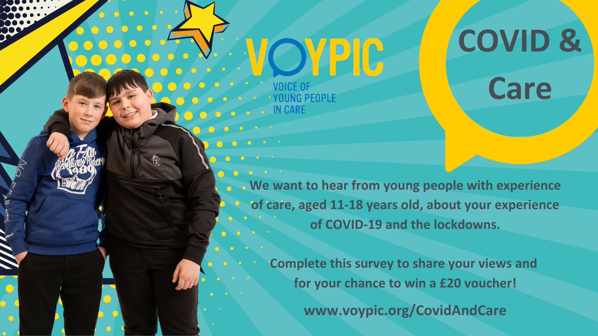 COVID &amp; CARE - Share your views!

VOYPIC Young Leaders want to hear about your experience of #Covid19 and the lockdowns over the past year. To share your views, visit:

voypic.org/CovidAndCare

- Please share with young people (11-18 years old) with experience of #care -