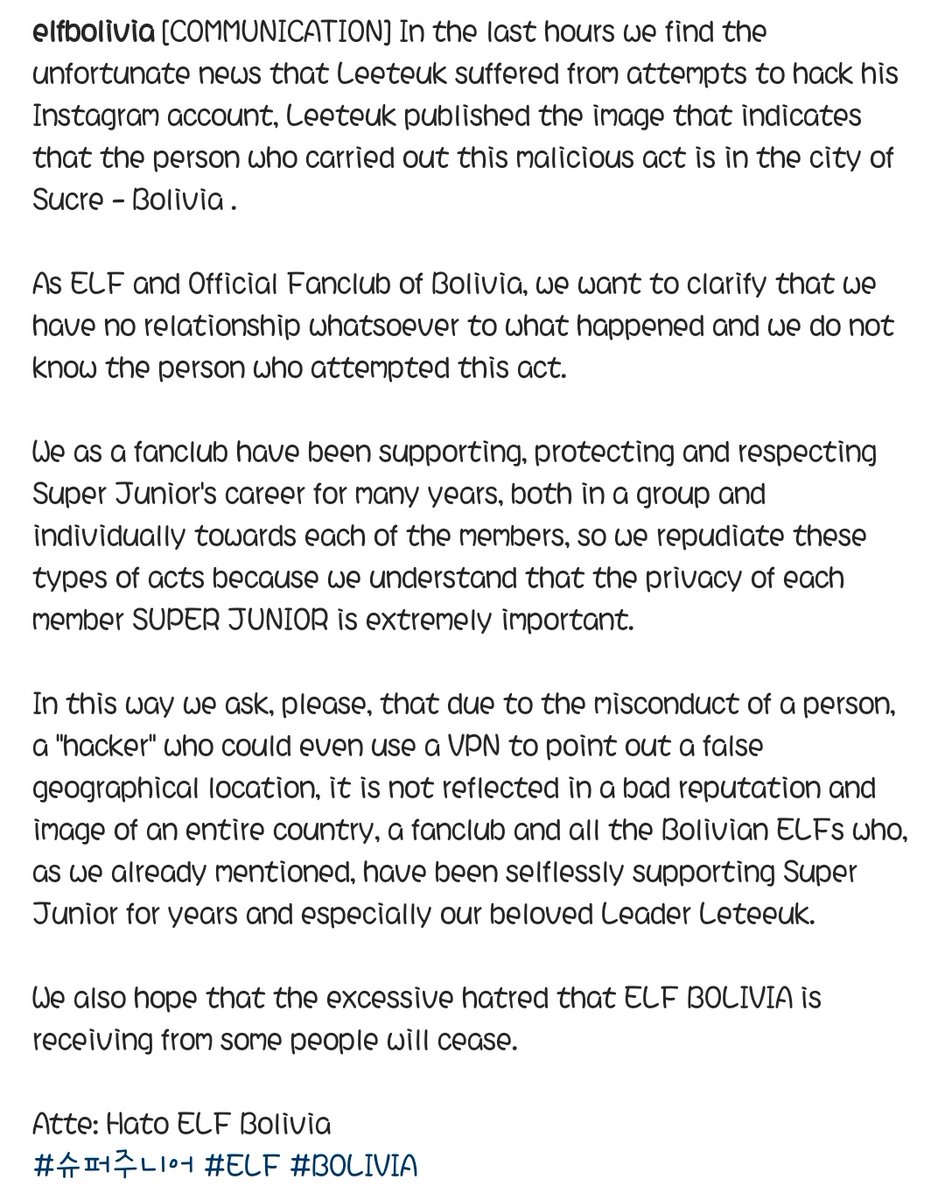 ELF_Bolivia's tweet photo. #Notice from ELF Bolivia about Leeteuk's Instagram post.

@special1004 @SJofficial @SMTOWNGLOBAL  #Leeteuk #SuperJunior #ELF #BOLIVIA https://t.co/6D9WOrsoIp https://t.co/IH3TZIr7md