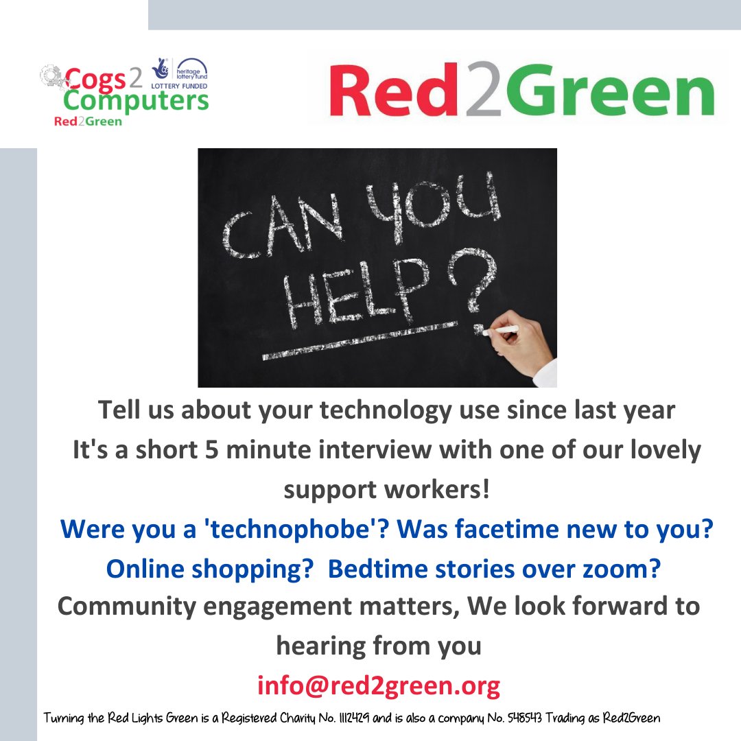 Red2GreenUK's tweet photo. Tell us about your technology use since last year!
It's a short 5 minute interview
Were you a 'technophobe'? Was Facetime new to you? Online shopping? Bedtime stories over Zoom?
We look forward to hearing from you
info@red2green.org
#Cogs2Computers #AbilityNotDisability https://t.co/fb01sc9Jrq