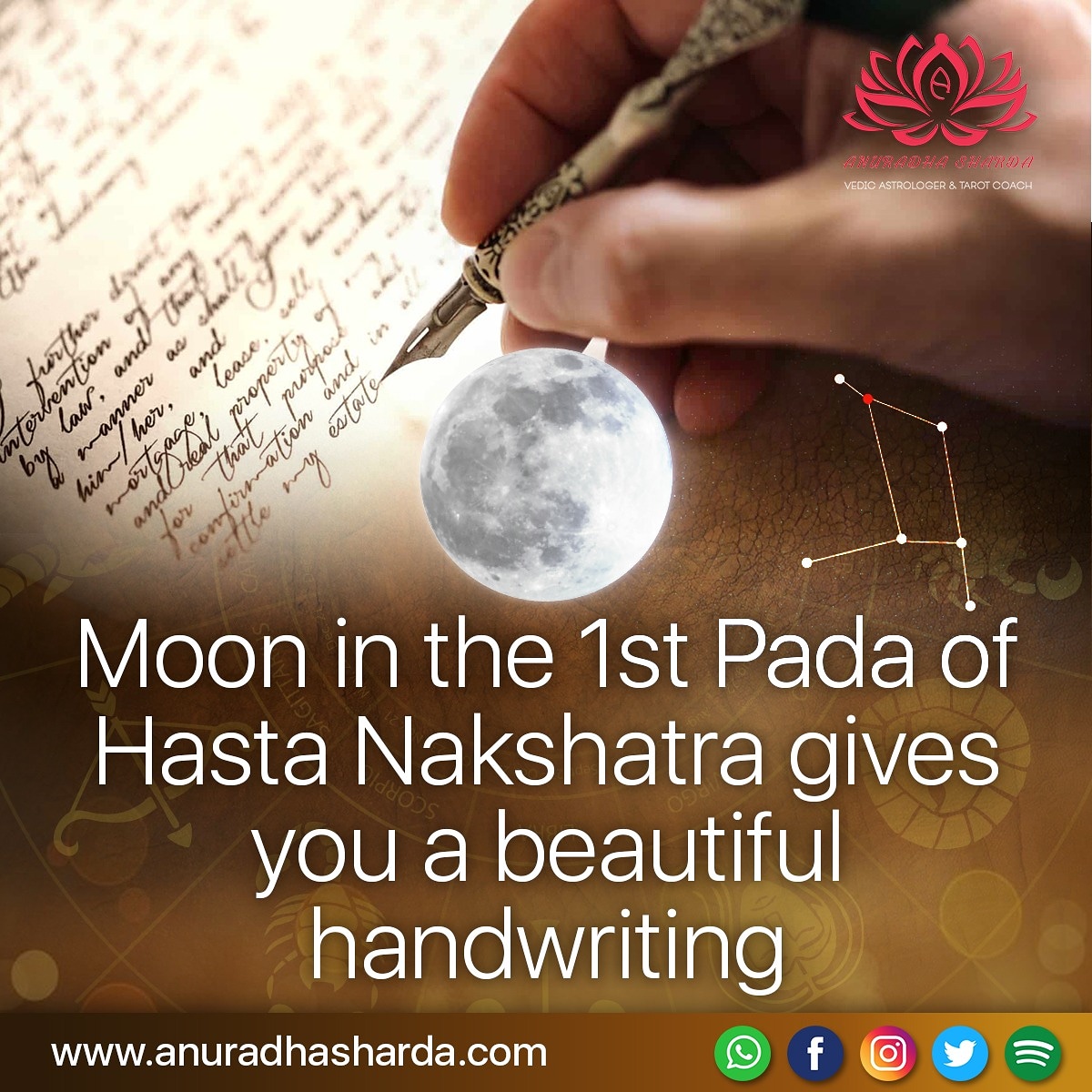ShardaAnuradha's tweet photo. #astrologyposts #astrologydailyquotes #astrology #dailytransit #vedicastrology #Vedicastrologer #zodiacsigns #Nakshatra #Hasta #Savitur #skilled #timekeeper
Moon in the 1st Pada of Hasta Nakshatra gives you a beautiful handwriting. https://t.co/UvYNuwrbpI