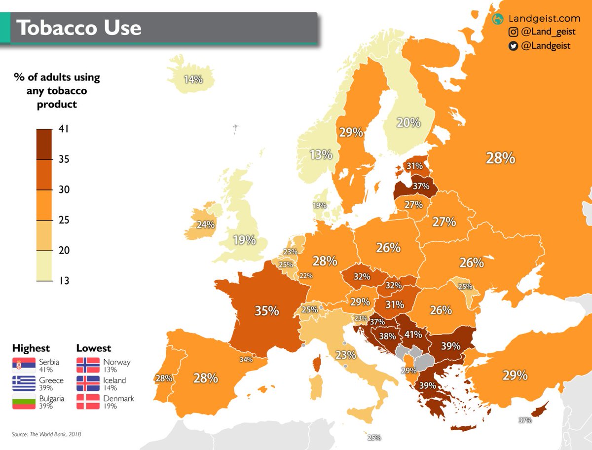 Map shows what share of adults across Europe smoke. Many people smoke in Southeastern Europe and in the Baltic states. Source: buff.ly/3r3nFAP