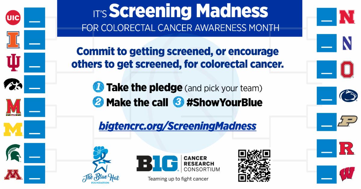 Screening saves lives! If you or a loved one are age 45 or older, we challenge you to take the <a href="/BigTenCRC/">Big Ten Cancer Research Consortium</a> <a href="/BlueHats4colons/">TheBlueHatFoundation</a> #ScreeningMadness pledge and give your favorite @BigTen team a boost on the cancer prevention bracket board! bigtencrc.org/screeningmadne… #ShowYourBlue